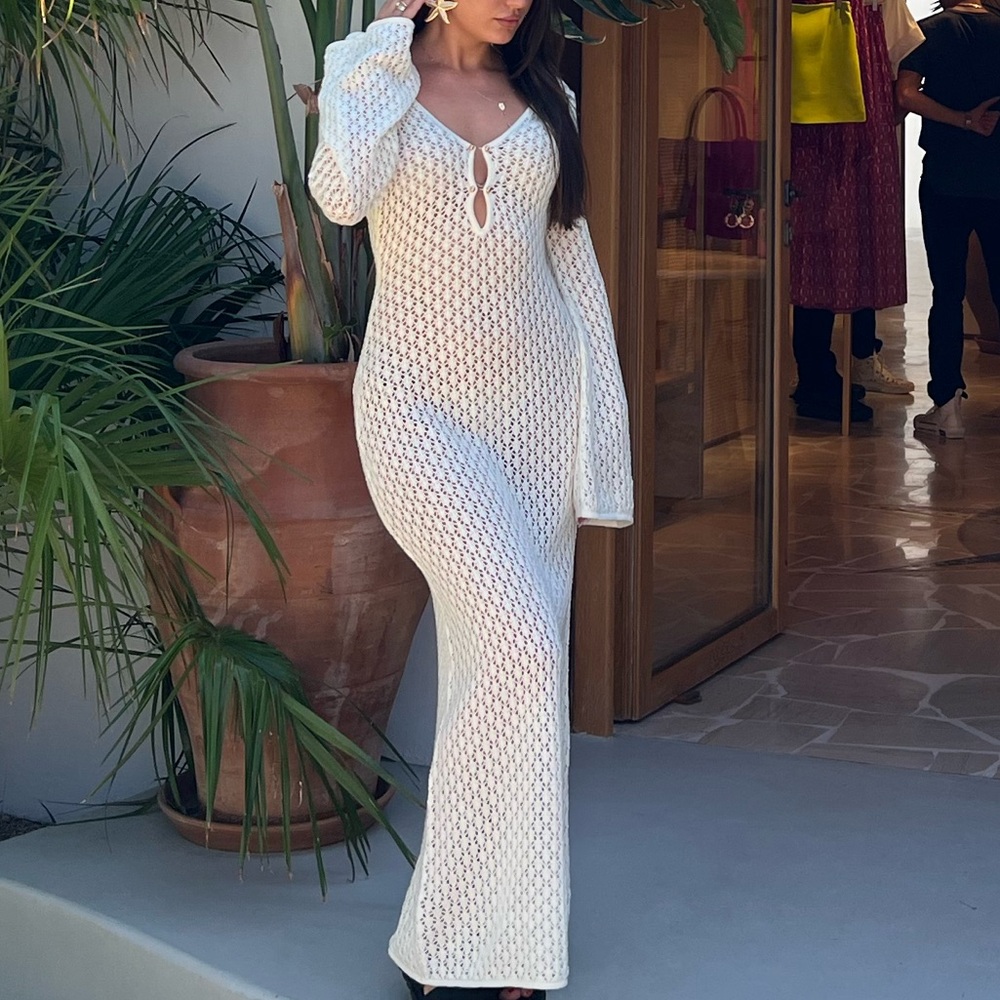 Meshki White Crochet Long Sleeve Dress